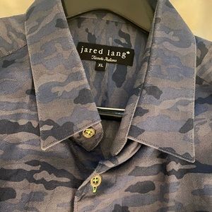 Jared Land Blue Camouflaged patten shirt with metal buttons. XL